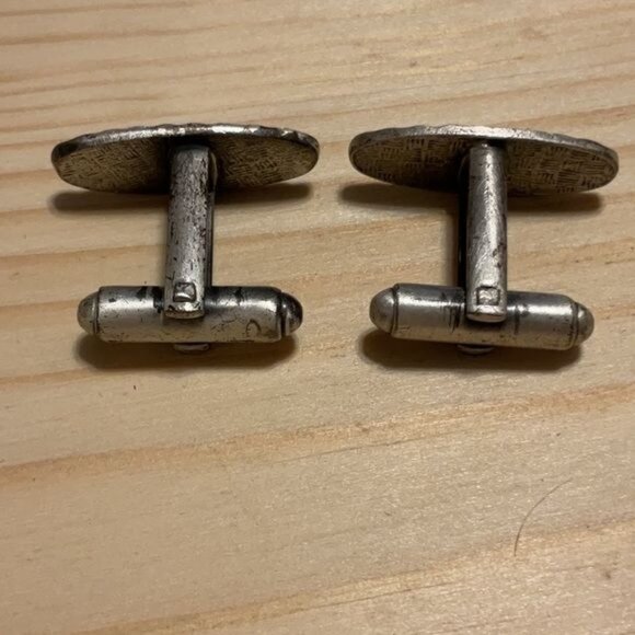 Silver Tone Oval Cufflinks With Black Strips For Men - Picture 4 of 5